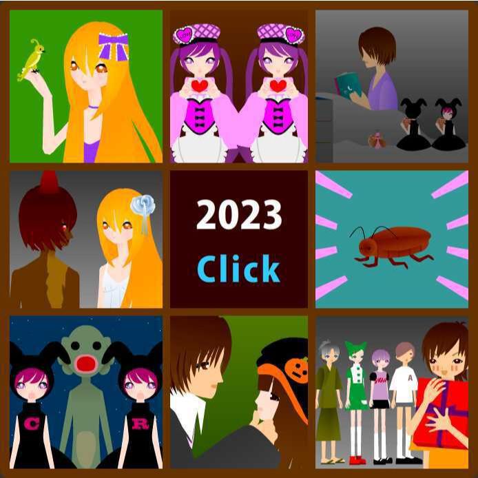 ボーカロイドキャラクターの女の子達と魔女と黒猫のイラスト